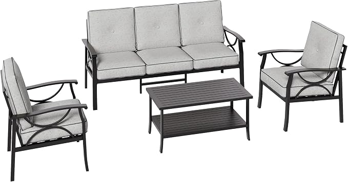 RoyalCraft Outdoor Patio Furniture Set, 4 Piece Patio Conversation Set with Coffee Table, Metal Furniture Set for Porch Backyard Garden, Black