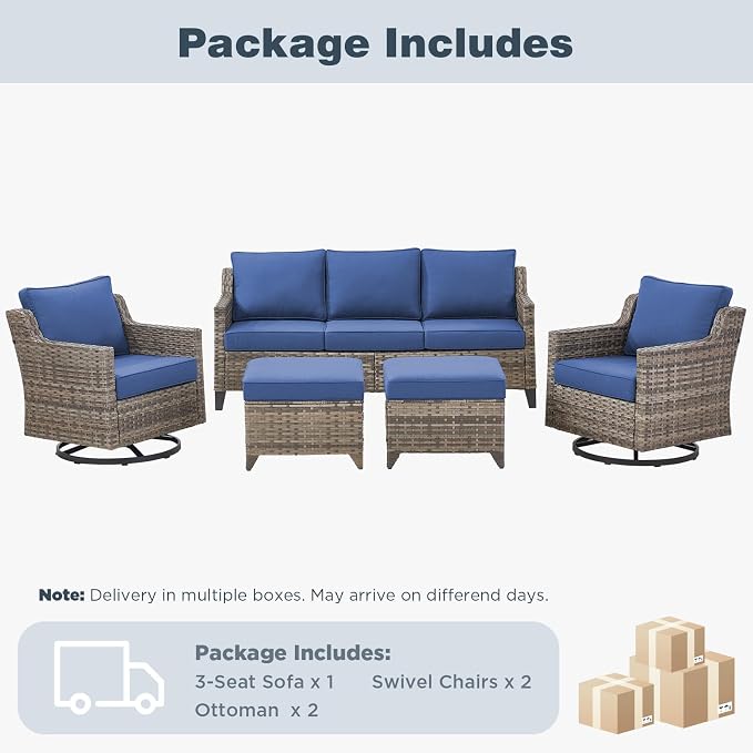Belord Patio Wicker Swivel Rocker Patio Chairs with 3-Seater Sofa, Outdoor Rattan Chairs for Deck Porch Garden, 5 Piece Patio Conversation Furniture Set,Blue