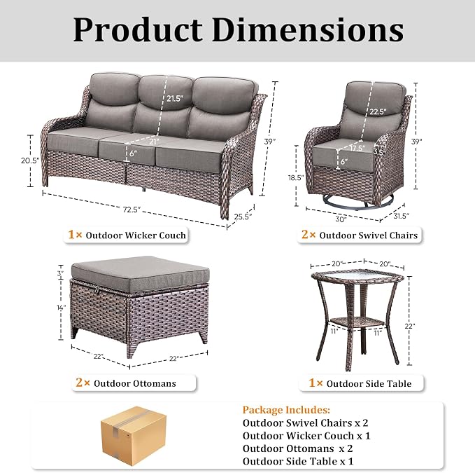 Luxury High Back Patio Furniture Set with 6-Inch Thick Cushions, 6-Pieces Outdoor Furniture with Swivel Chairs &Side Table, Wicker Conversation Set for Porch, Balcony, Deck and Yard, Brown/Grey