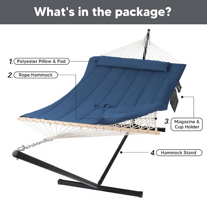 SUNCREAT Double Portable Rope Hammock with Stand Included, Outdoor Two Person Hammock with Polyester Pad, Navy