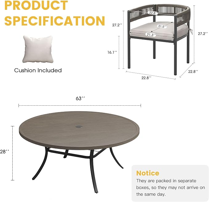 VICLLAX Patio Dining Set for 8-63" Round Table & Cushioned Wicker Seats