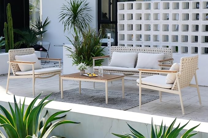 Grand patio 4-Piece Patio Conversation Set, Outdoor Wicker Sofa Set with Waterproof Cushions All-Weather Wicker Furniture Sectional Sofa for Garden, Poolside, or Backyard Relaxation-Grey
