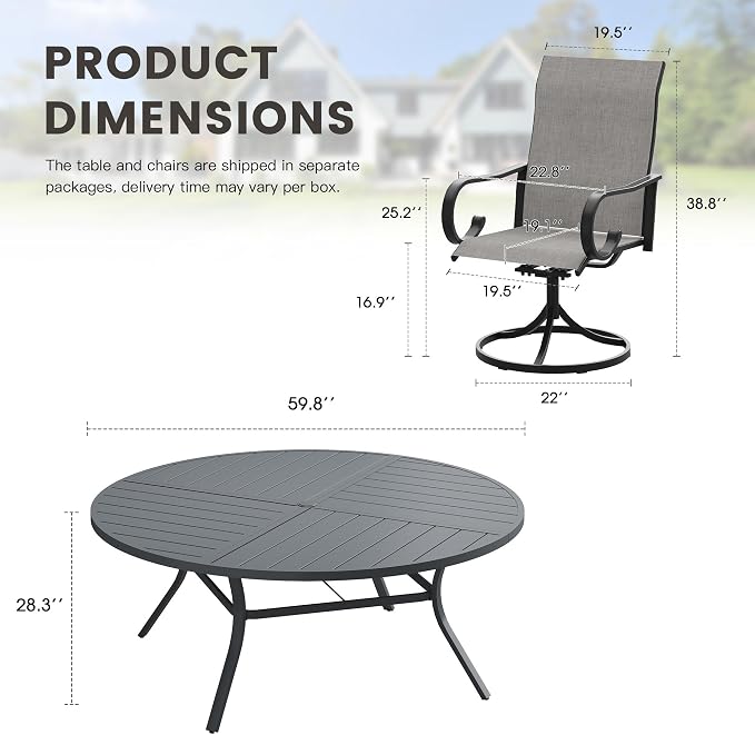 9 Pieces Patio Dining Set, 8 Outdoor Swivel Dining Chairs with 60.1" Round Metal Outdoor Dining Table with Umbrella Hole for Garden Backyard Deck, Grey & Dark Grey