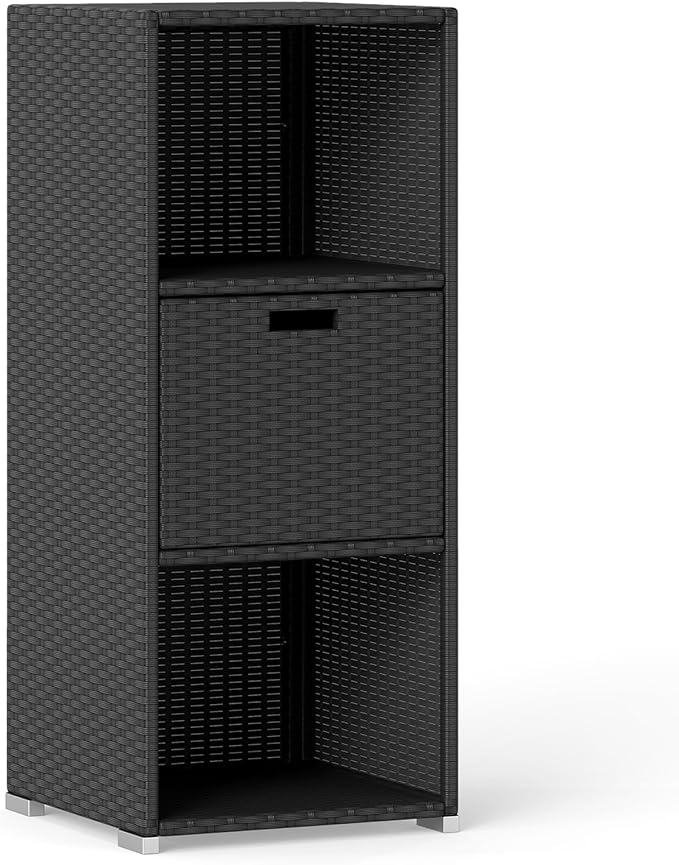 Tangkula Rattan Outdoor Storage Cabinet, Patiojoy Outdoor Wicker Cabinet with 3 Shelves, 1 Removable Drawer, Patio Storage Deck Box for Backyard Poolside Porch