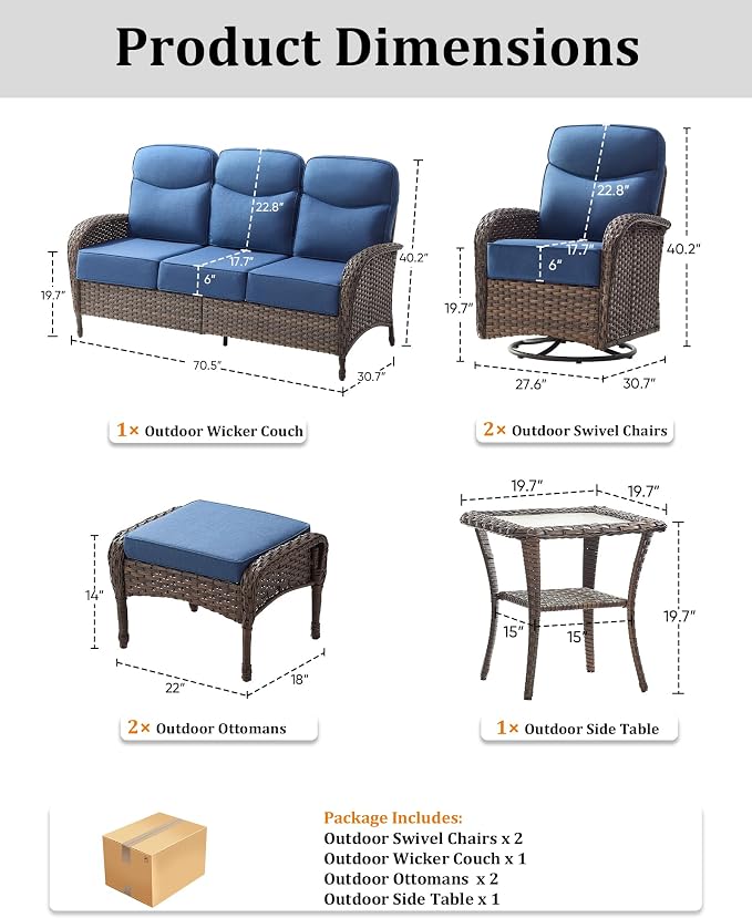 6-Piece Luxury Patio Furniture Set with 6-Inch Thick Cushions, High-Back Outdoor Swivel Rocker Chairs and Table, All-Weather Conversation Set for Porch, Deck, Balcony or Backyard – Blue