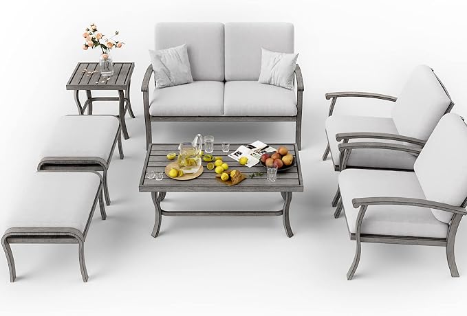 HAPPATIO 7 Piece Aluminum Patio Furniture Set, Outdoor Armchairs with Ottomans and Loveseat, Outdoor Sectional Sofa with Side Table and Coffee Table, Garden Conversation Set for Lawn(Gray)