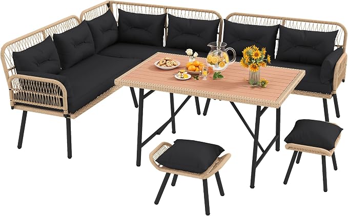DWVO 9-Piece Patio Furniture Set Couch L Shape Outdoor Couch with Soft Cushions, Ottomans & Dining Table All-Weather Rattan Patio Conversation Set Outdoor Patio Sectional for Backyard Garden