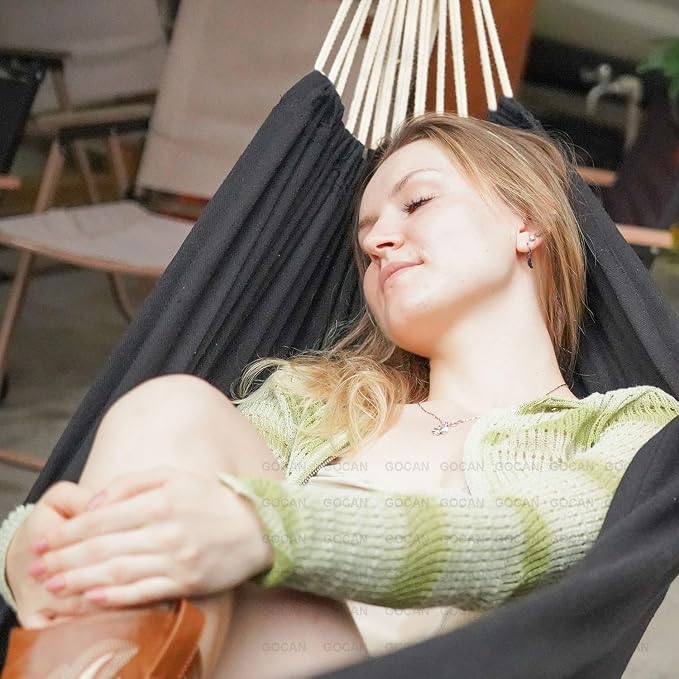 GOCAN Double Hammock 2 Person Extra Large 330X150cm Load Capacity 600Pound Canvas Cotton Hammock for Patio Porch Garden Backyard Lounging Outdoor and Indoor XXL(Black)