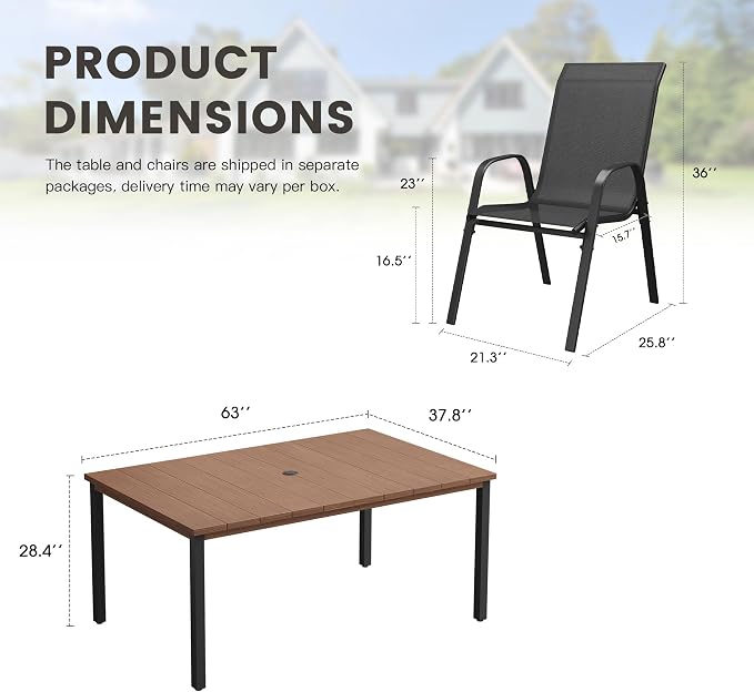 7 Pieces Outdoor Dining Set, 63" Rectangular Table with Umbrella Hole & Stackable Patio Dining Chairs, Patio Table and Chairs Set for Deck Garden Porch, Black Chairs & Walnut Table