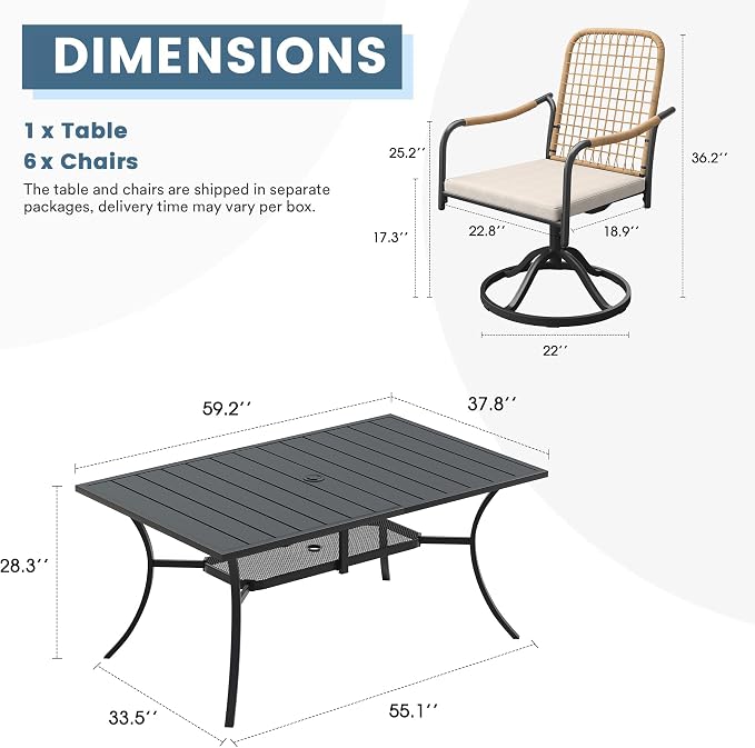 DIFY 7 Pieces Outdoor Dining Set, Metal Patio Table and Chairs Set for 6, 59.2" Rectangle Dining Table with Umbrella Hole & Wicker Swivel Patio Chairs with Cushions, Black Tabletop