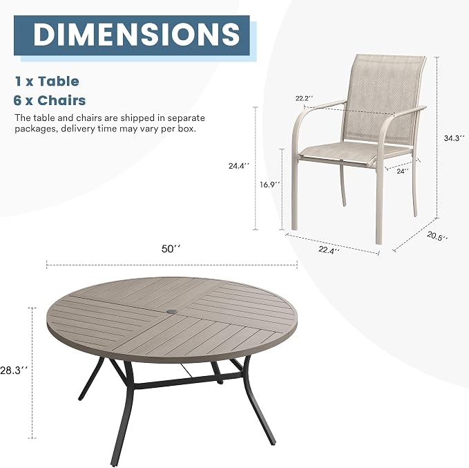 DIFY 7 Pieces Outdoor Patio Dining Set for 6, 50" Grey Wood-Like Round Metal Dining Table and 6 Sandshell Stackable Textilene Patio Chairs, Outdoor Table and Chairs for Backyard Garden Poolside