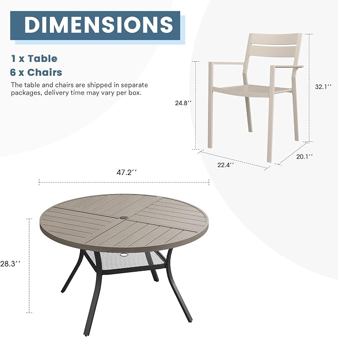 DIFY 7 Piece Outdoor Patio Dining Set for 6, 47.2" Round Dining Table with Umbrella Hole and Stackable Metal Chairs, Patio Table and Chairs Set for Backyard Garden Poolside, Grey Wood-Like & Sandshell