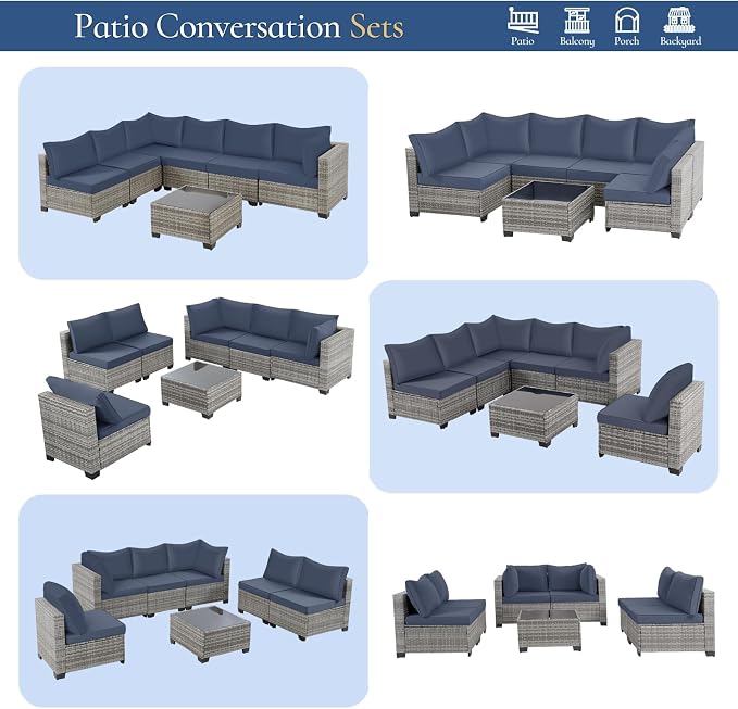 FHFO 7 Piece Outdoor Wicker Patio Furniture Set, Grey/Blue | Sectional Sofa | All-Weather Hand-Woven Rattan | Tempered Glass Coffee Table | Free Combination | Indoor & Outdoor Use