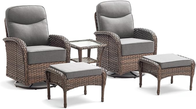 5 Pieces Luxury Patio Furniture Sets with 6-Inch Thick Cushions, High Back Swivel Outdoor Rocking Chairs Set of 2 with Multifunctional Ottoman, Wicker Conversation Set for Porch Garden, Gray