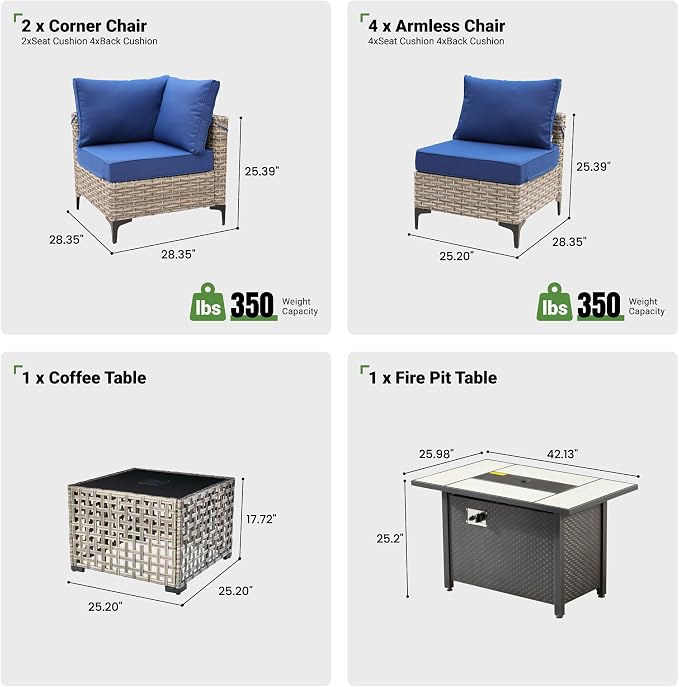 8 Pcs Patio Furniture with Fire Pit Table, Outdoor Rattan Wicker Conversation Set with Glowing Coffee Table, Comfy Sectional Sofa for Porch Balcony Backyard Pool, Blue