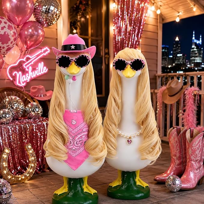 Cowgirl Porch Goose Outfit 5 Pieces Porch Goose Accessories with 1 Blonde Long Goose Wigs Cowgirl Hat Bandana for Outdoor Decor