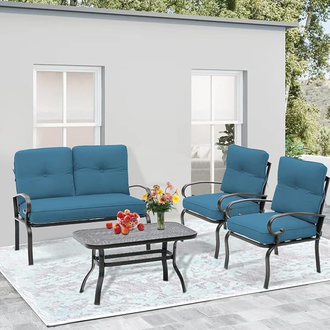 SUNCROWN 4 Pieces Outdoor Metal Furniture Patio Conversation Set Loveseat, 2 Dining Chairs and Coffee Table for Lawn Front Porch Garden, Blue Cushions