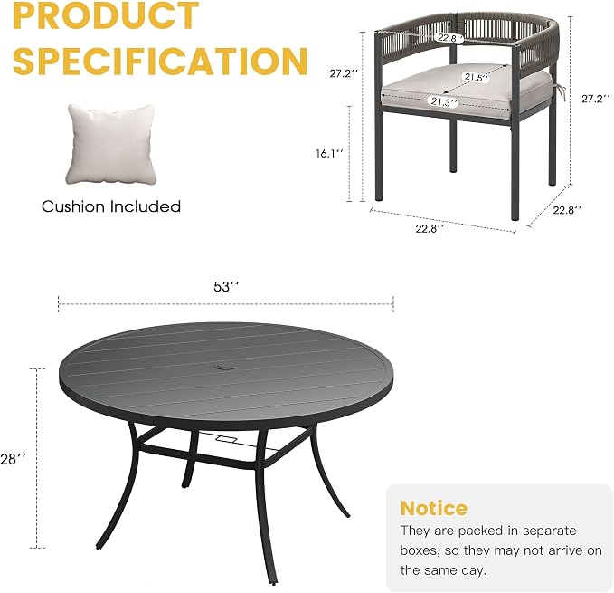 VICLLAX Patio Dining Set for 6-53" Round Table & Cushioned Seats, Black