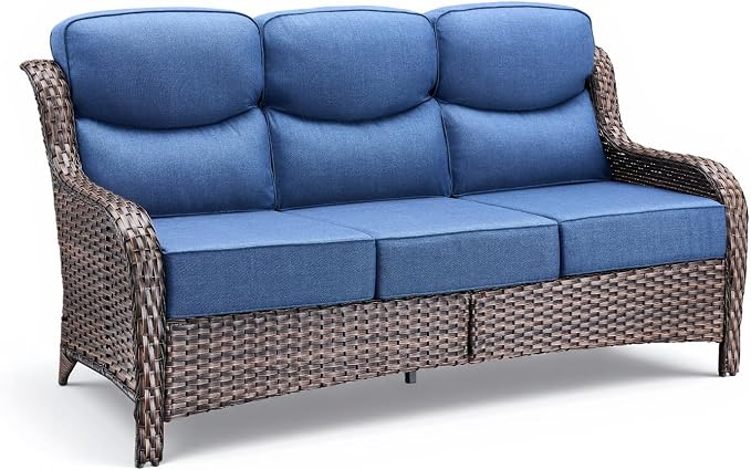 Luxury Outdoor Patio Furniture Set-Wicker High Backrest 3-Seat Patio Sofa with Comfy 6" Cushion, Rattan Couch with Deep Seat All-Weather Patio Conversation Set for Deck Backyard Garden(Brown/Blue)