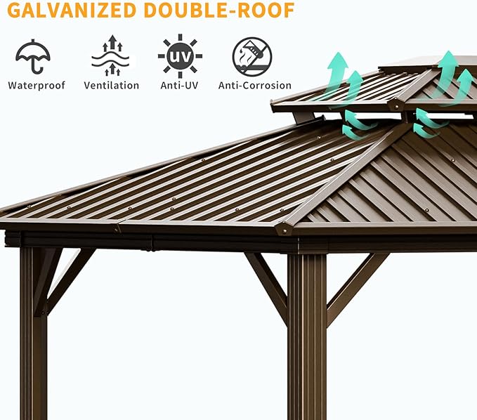 HOTEEL 10x12 Hardtop Gazebo On Clearance with Heavy Duty Galvanized Steel,Outdoor Patio Gazebo with Aluminum Frame & Curtains and Netting, Permanent Pavillon for Backyard, Brown (2026 Upgraded)