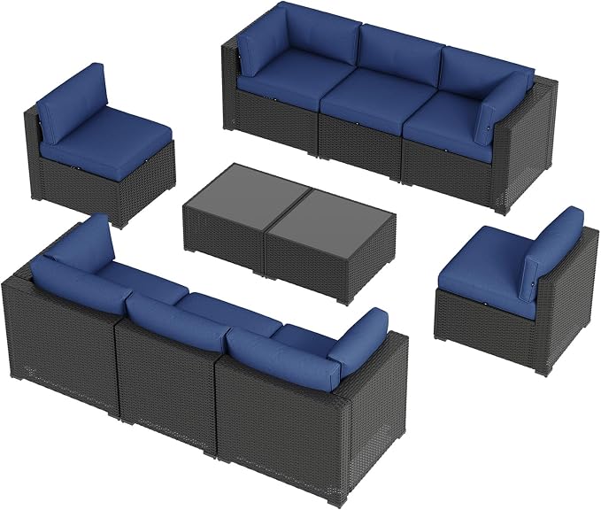 Aoxun 10 Piece Patio Furniture Set Wicker Rattan Patio Sectional Sofa Set Outdoor Seating Furniture with Thickened Cushion, Navy Blue