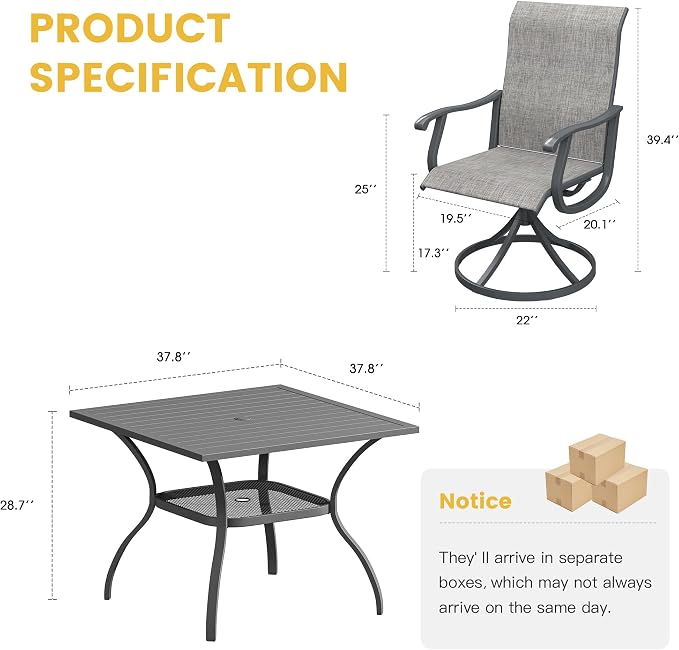 VICLLAX 5 Pieces Patio Dining Set for 4, Outdoor Furniture Set Includes 37.8" Square Outdoor Table and 4 Patio Swivel Chairs for Lawn Garden, Grey Tabletop and Grey Fabric