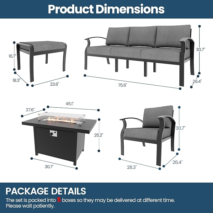 Aluminum Outdoor Patio Furniture Set,6 Pieces 5 Seats Metal Patio Sectional Furniture Set with 45" Propane Fire Pit Table,Patio Conversation Sets with 2 Ottomans,Grey