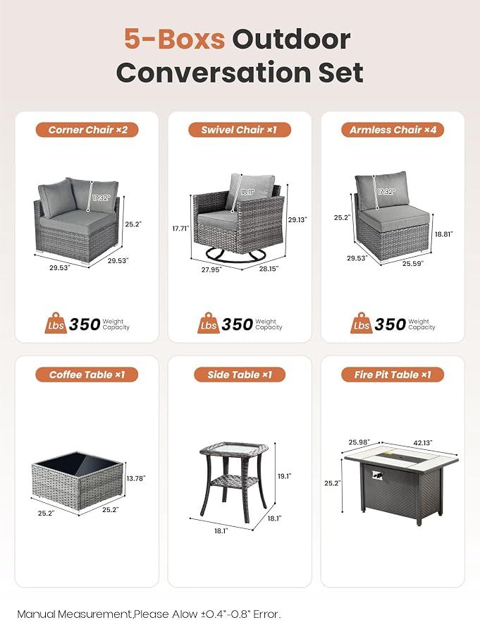 ovios 10 Piece Outdoor Patio Furniture Set with Fire Pit Table,Conversation Sectional Wicker Couch with Swivel Chairs,Modern Outside Sofa for Balcony Backyard, Dark Grey