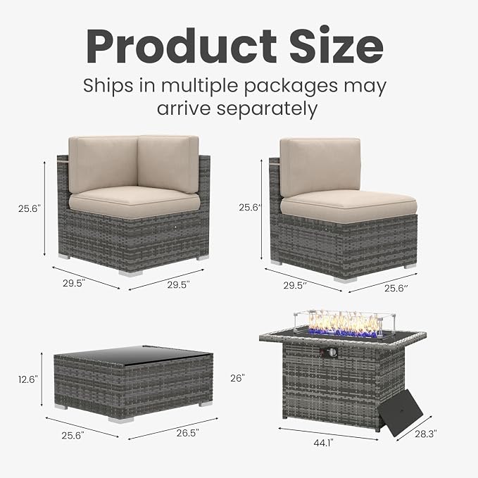 10 Pieces Patio Furniture Set with 44" Propane Gas Fire Pit Table, Outdoor Sectional Wicker Conversation Sofa Sets with Coffee Table