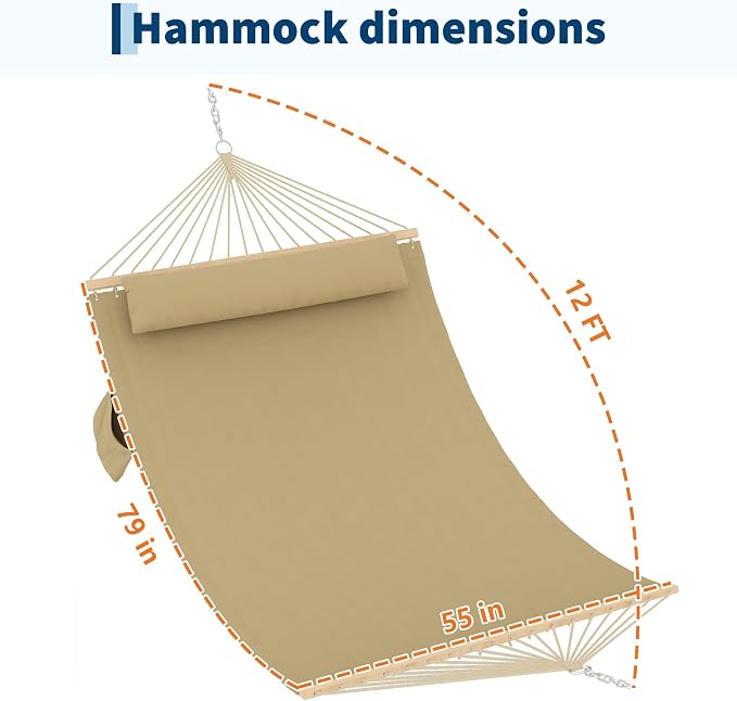 Hammocks 12 FT Double Quilted Fabric Hammock with Spreader Bar and Detachable Pillow, 2 Person Hammock for Outdoor Patio Backyard Poolside, 450lbs Weight Capacity