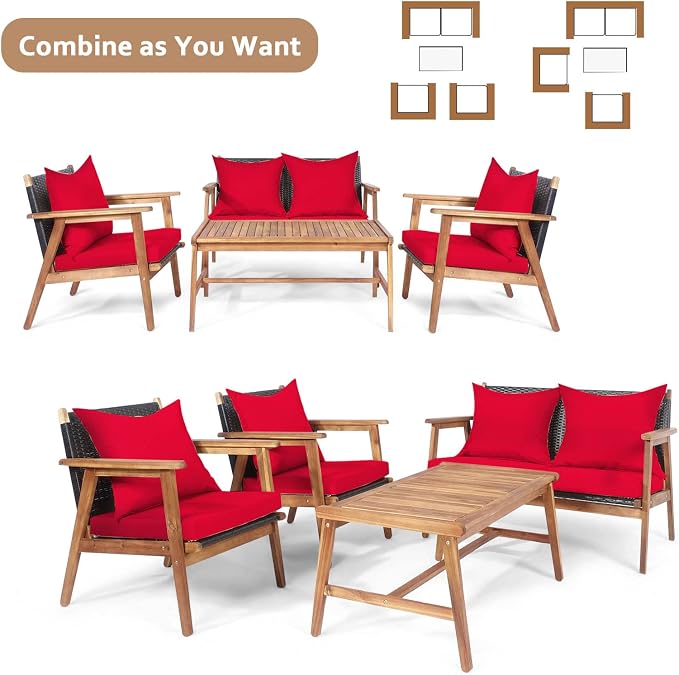 Tangkula 4-Piece Patio Furniture Set, Outdoor Acacia Wood Conversation Set with Cushions and Coffee Table, Outdoor PE Wicker Sectional Sofa Set for Garden, Poolside and Backyard (1, Red)