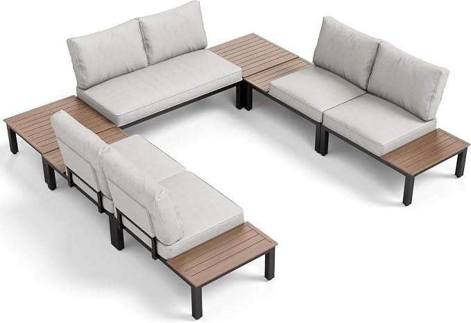 PHI VILLA 7 Pieces Outdoor Patio Furniture Set,Metal Frame Modern Outdoor Sectional Sofa Set,6 Seats Patio Conversation Sets with Coffee Table&Thickened Cushion,for Poolside and Backyard,Light Grey