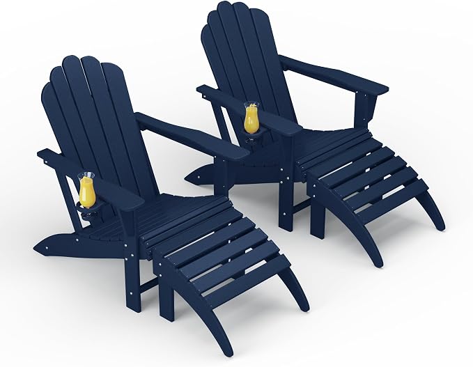Costaelm Lakeview 4-Piece Outdoor Patio HDPE Adirondack Chairs with Ottomans and Cup Holder Set, Navy Blue