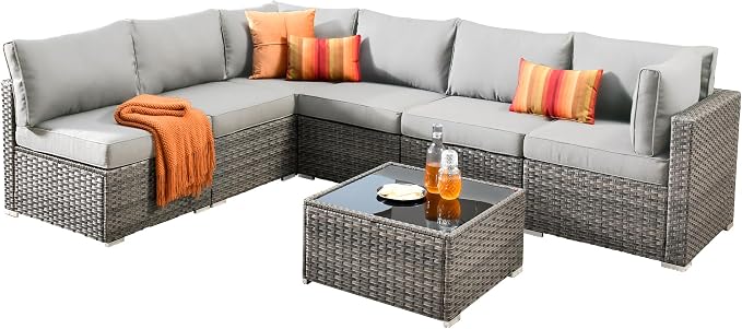Weaxty 7 Pieces Outdoor Patio Furniture Set,Wicker Sectional Sofa Couch with Thicken Cushion and Glass Coffee Table,All Weather Rattan Patio Conversation Sets for Porch,Poolside,Backyard,Light Gray