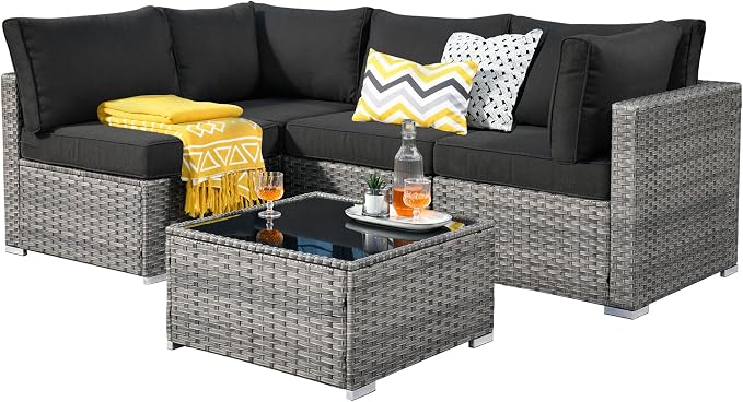 Weaxty 5 Pieces Patio Furniture Sets,Wicker Outdoor Sectional Sofa with Thicken Cushion and Rattan Coffee Table,Patio Conversation Couch Set for Porch, Balcony,Yard, Poolside,Black