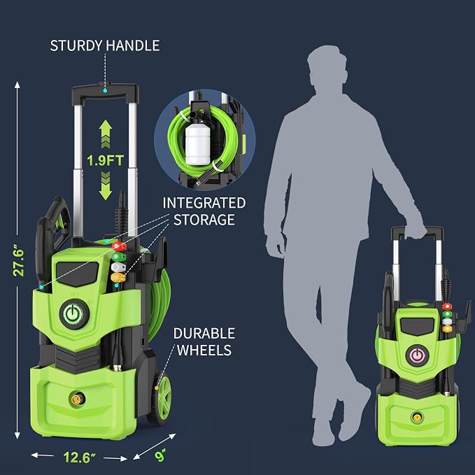 Adjustable Electric Pressure Washer 5000PSI with 33FT Flexible Extension Hose + 34FT Power Cord, 4 Nozzles, Foam Cannon, Best Power Washer for Cars, Patios, Driveways, Green