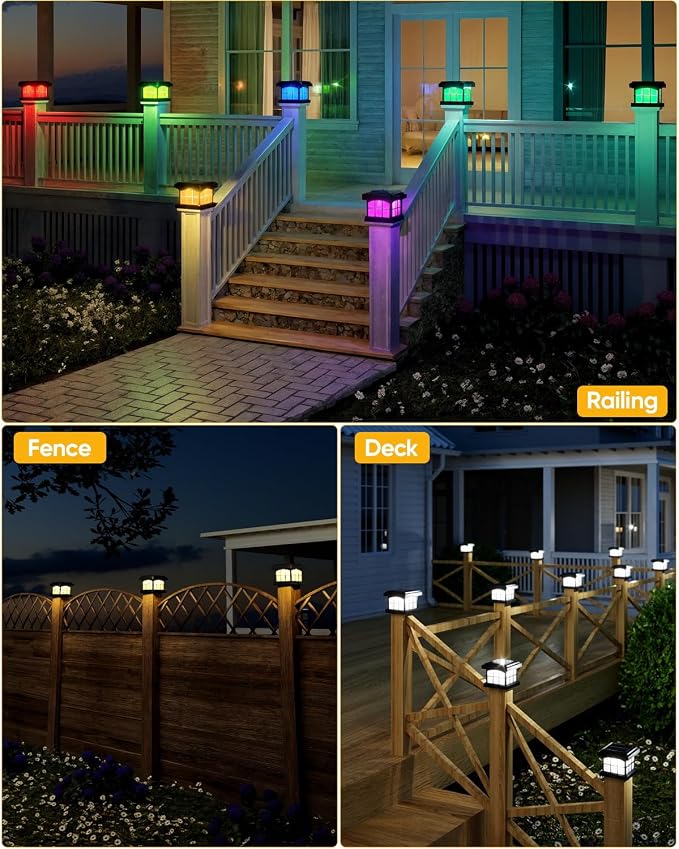 RGBCW Solar Post Cap Lights 6-Pack, 9 Colors 3 Modes Fence Cap Lights, Bright Solar Outdoor Waterproof LED Deck Lighting for Fence Garden Deck Patio Porch Decor 4x4 Vinyl/Wood, Black