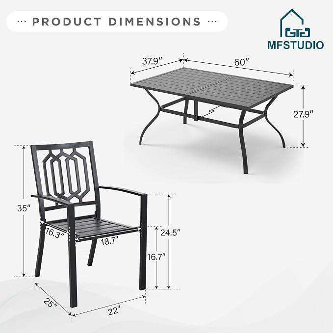 MFSTUDIO Patio Table and Chairs Set of 6, Outdoor Dining Set with Umbrella Hole, 7 Piece Metal Outdoor Patio Furniture Set for Deck, Backyard, Poolside & Garden