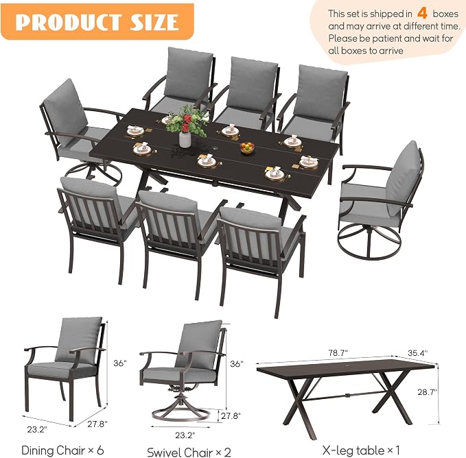 9-Piece Patio Dining Set Outdoor Conversation Set,Metal Outdoor Furniture Set with Umbrella Hole Cut-Out 78.7" x 35.4" Table and 8 Metal Chairs for Backyard,Garden,Grey