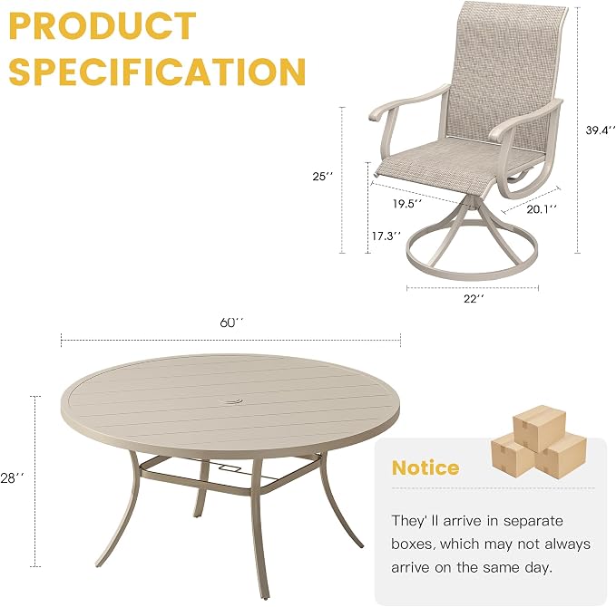 VICLLAX Patio Dining Set for 8, 9 Pieces Outdoor Furniture Includes 60" Round Patio Table with Umbrella Hole and 8 Outdoor Swivel Chairs for Lawn Garden, Sandshell Tabletop and Fabric