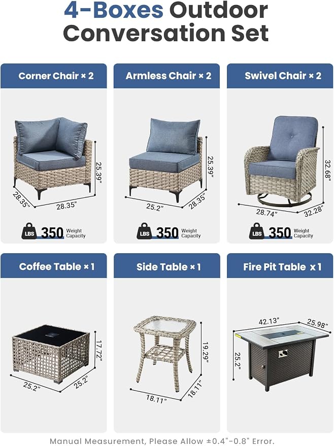 9-Piece Outdoor Patio Furniture Set with Fire Pit Table, Outdoor Conversation Wicker Sofa with Swivel Chairs, Rattan Couch with Coffee Table for Deck, Backyard, Poolside (Blue)