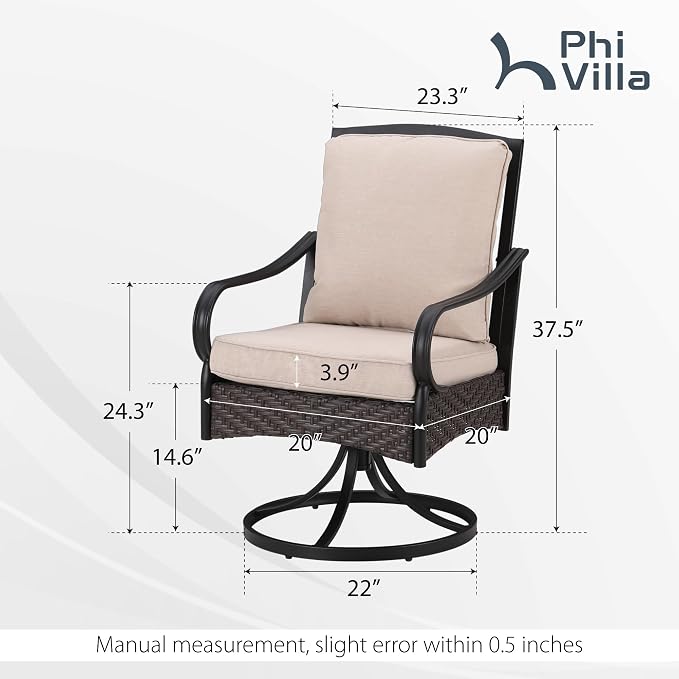 PHI VILLA Swivel Patio Dining Chairs Wicker Chairs Set of 6 with Cushions | Heavy Duty Outdoor Metal Wicker Dining Chair with Padded Cushions, Large All Weather Wrought Iron Patio Chair for Balcony