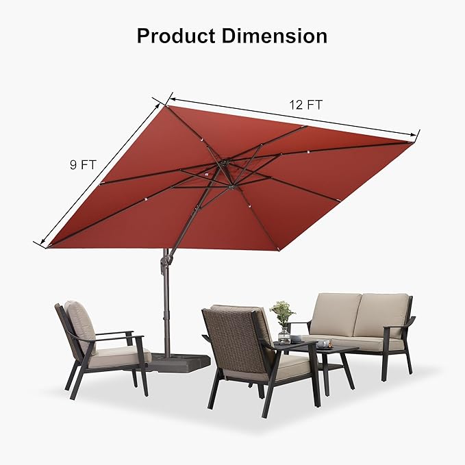 PURPLE LEAF 9' X 11.5' Rectangle Cantilever Umbrella with Base Patio Umbrella Outdoor Aluminum Antique Bronze Offset Hanging Umbrella with 360-degree Rotation for Pool Garden Backyard Deck, Brick Red