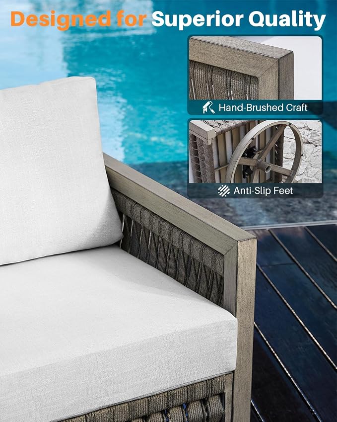 Swivel Patio Chairs Set of 2, Outdoor Aluminum Swivel Chairs with Washable Cushions, 2 Pieces Rope Weave Swivel Patio Sofa Armchair, Outdoor Furniture Set for Garden, Porch, Poolside, Gray Oak
