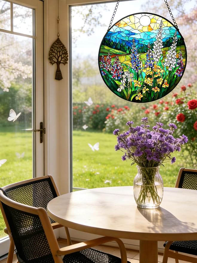 Wildflowers Stained Glass Suncatcher Window Hanging Gifts for Women Men | 7.8in Garden Sun Catcher, Plant Scenery Flower Sunrise Ornament for Door Home, Gift for Mom Grandma & Mother's Day Christmas