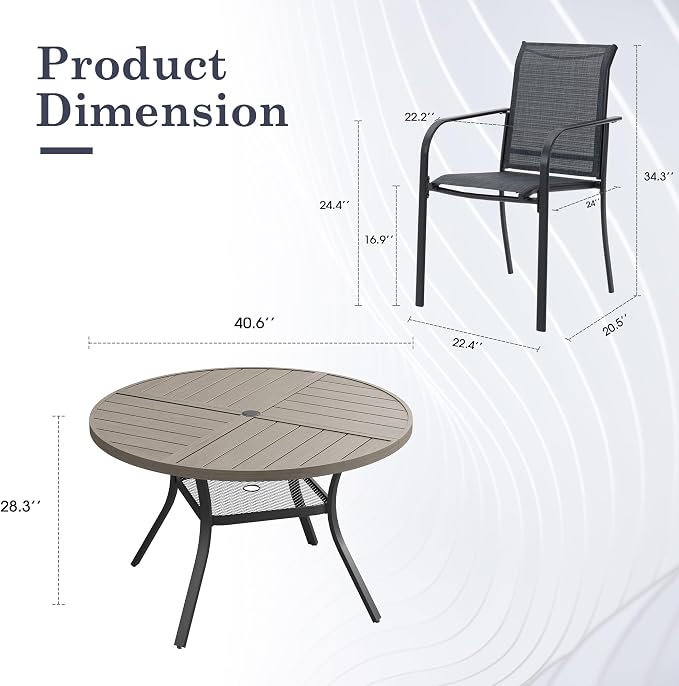 5 Pieces Outdoor Dining Set, Stackable Textilene Paito Chairs & 40.5" Round Dining Table with Umbrella Hole and Shelf, Patio Dining Set for Backyard, Deck, Garden, Grey