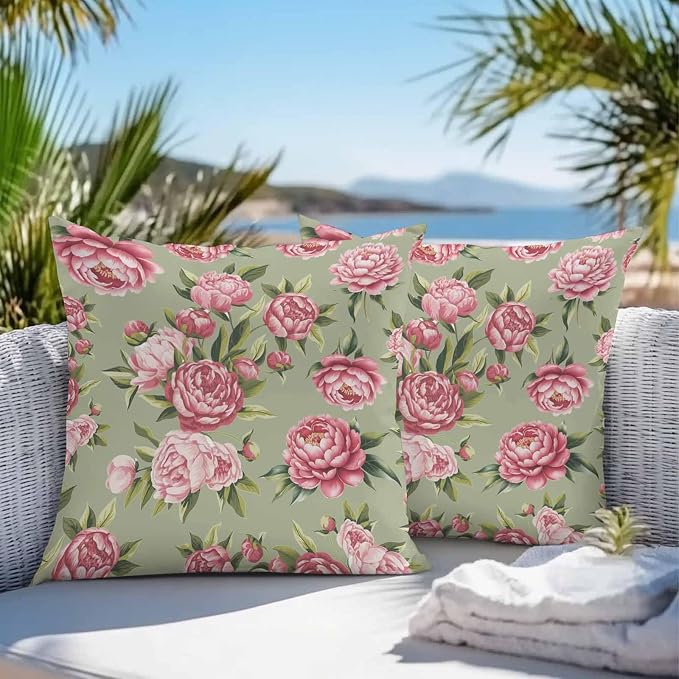 Vandarllin Outdoor Throw Pillows Covers 18x18 inch Set of 2 Waterproof Pink Rose Floral Decorative Zippered Cushion Covers for Patio Furniture, Sage Green Leaves Flowers Lumbar Pillowcases
