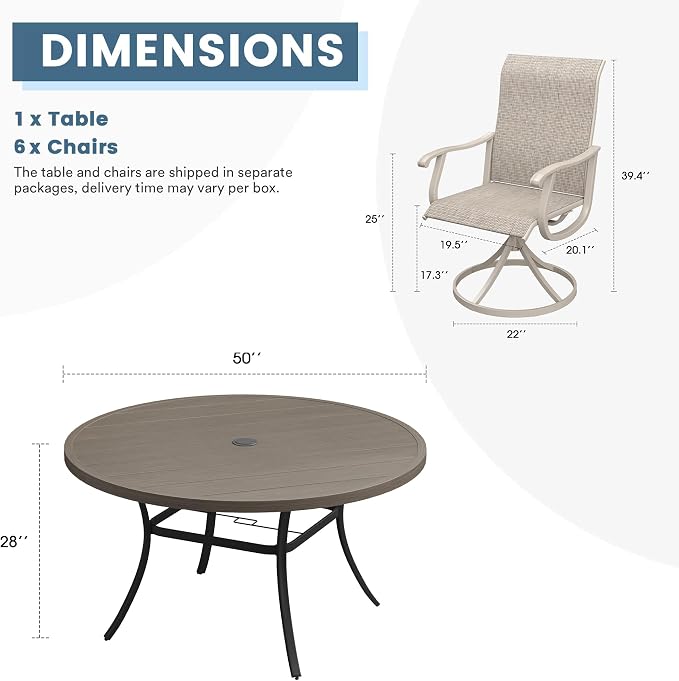 DIFY Outdoor Dining Set for 6, 7 Piece Patio Table and Chairs Set, Swivel Patio Chairs with Sandshell Textilene & 50" Grey Wood-Like Round Metal Dining Table with Umbrella Hole, for Garden Backyard