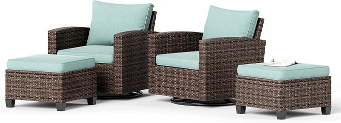 HERA'S HOUSE Patio Wicker Chairs Outdoor Swivel Rocker Chairs Set with Ottomans, 4 Piece Patio Seating Furniture Conversation Sets for Lawn Deck Porch Pool, Brown/Blue