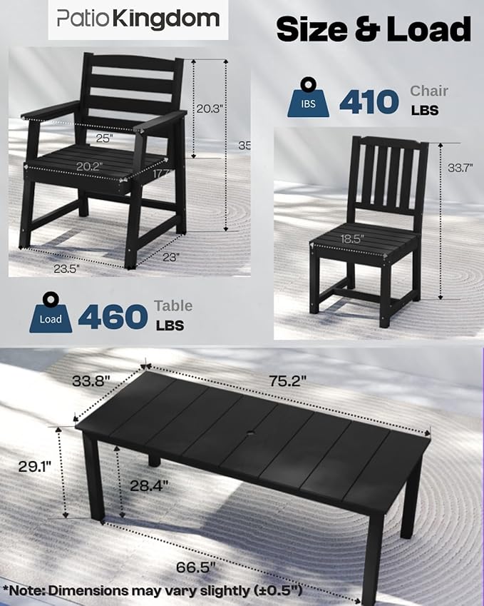 Patio Kingdom9-Piece Black Outdoor Dining Set with White11FT Large Patio Umbrella, 75.2'' HDPE Table & Chairs for 8, Weather-Resistant Furniture with Umbrella Hole for Patio, Lawn, Poolside